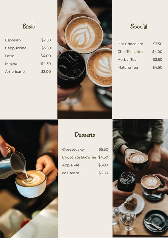 Photo Collage Coffee Shop Cafe Price List Menu