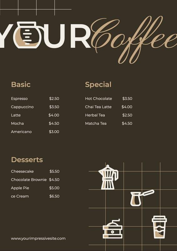 Brown Coffee Shop Modern Price List Menu