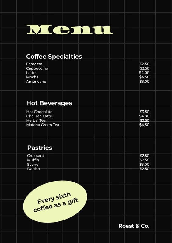 Black Coffee Shop Modern Menu