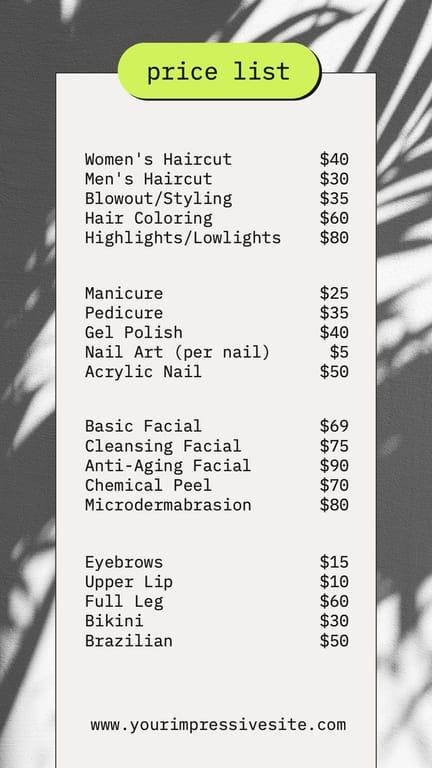 Black And White Modern Price List Beauty Instagram Stories