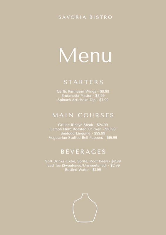 Beige Italian Aesthetic Restaurant Menu