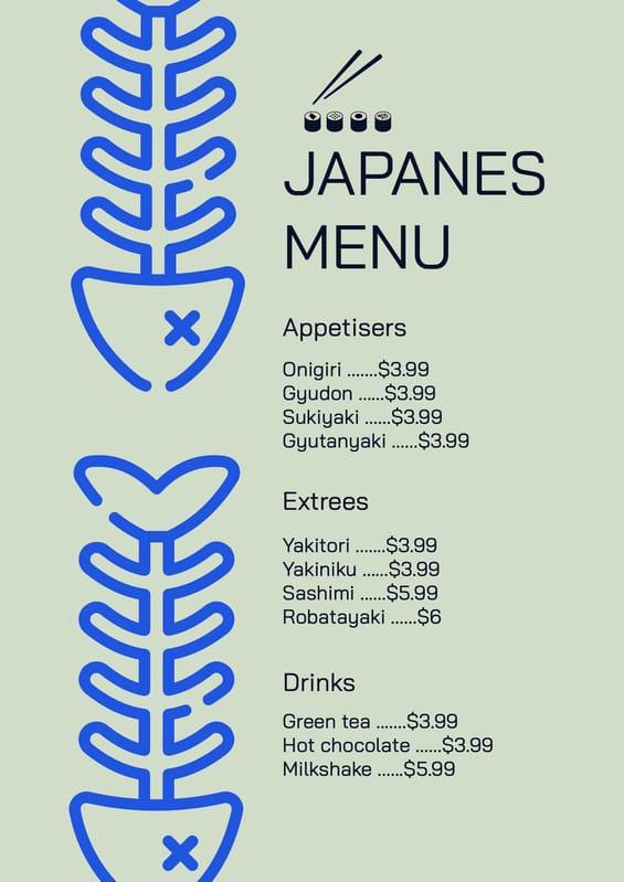 Blue Fish Japanes Restaurant Sushi Bar Menu