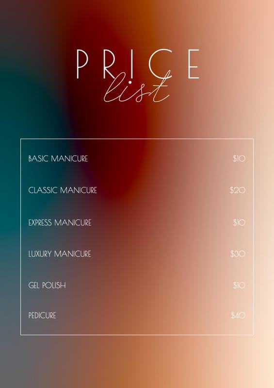 Deep Gradient Price List Manicure Document A4