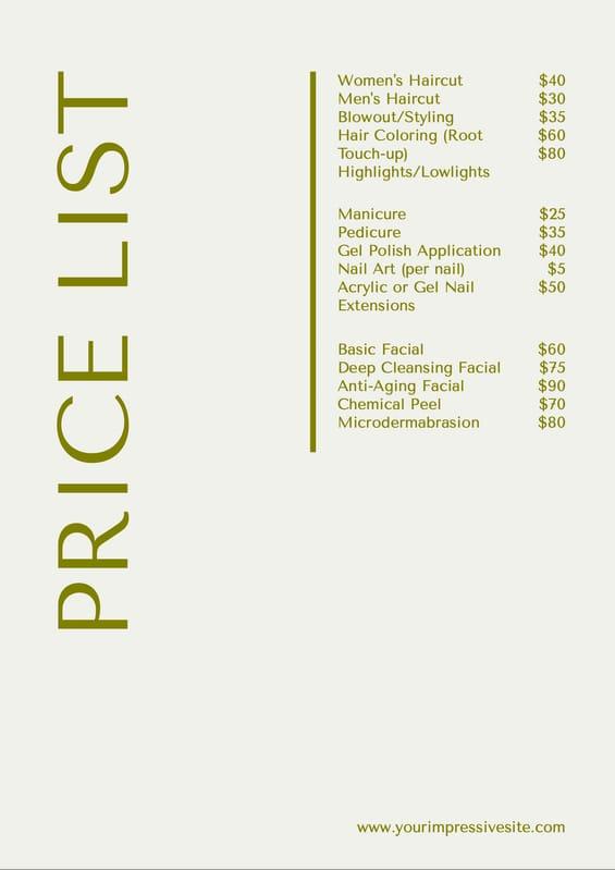 Light Olive Green Beauty Salon Price List