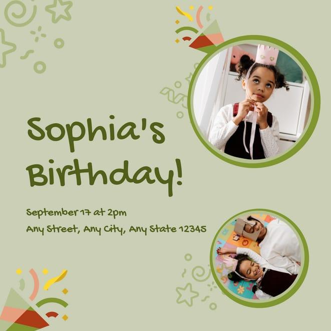 Sophia's Happy Birthday Green Photo Collage Invitation (Square)