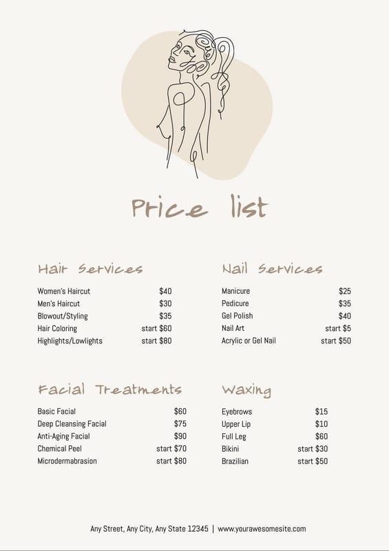 Beige Line Illustration Woman Beauty Price List