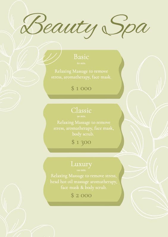 Green Aesthetic Botanical Spa Programs Price List Document A4