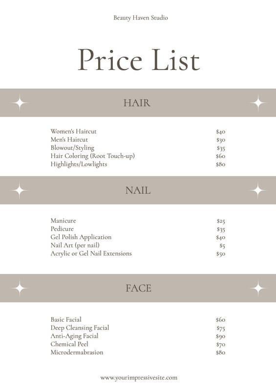White Beige  Minimalist Beauty Salon Price List