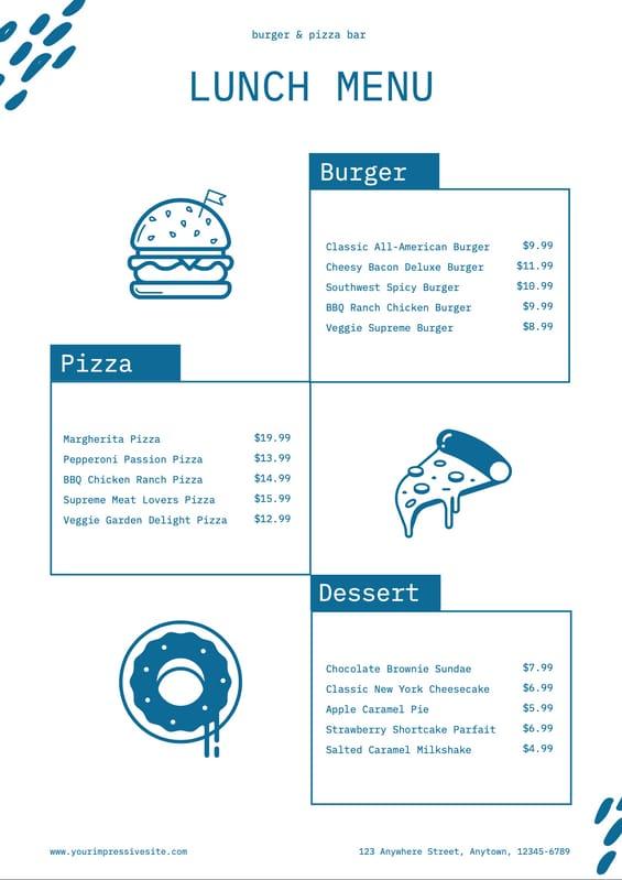 White And Blue Illustration Lunch Bar Menu