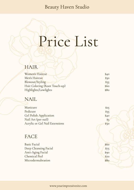 Beige Elegant Flower Beauty Studio Price List