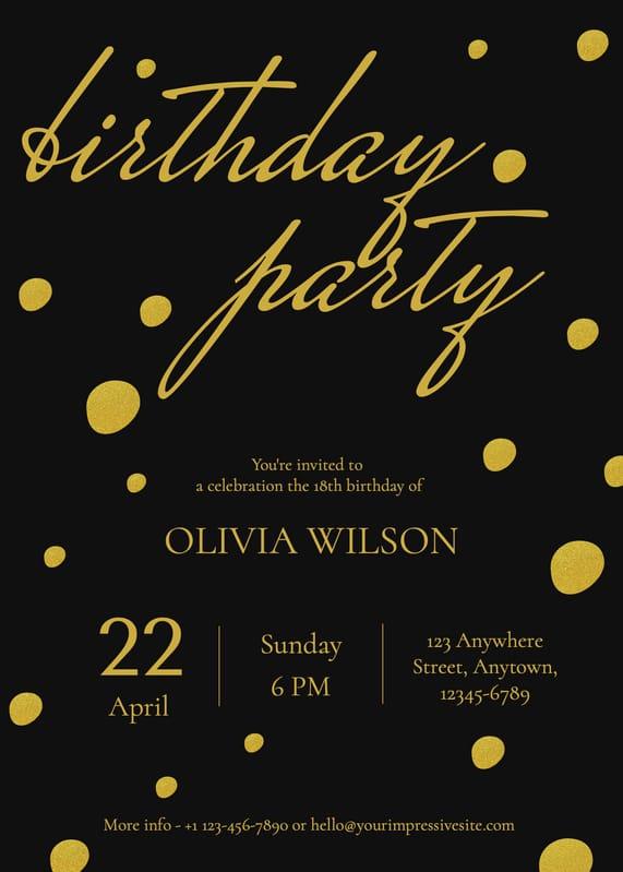 Black And Gold Birhtday Party Invitation