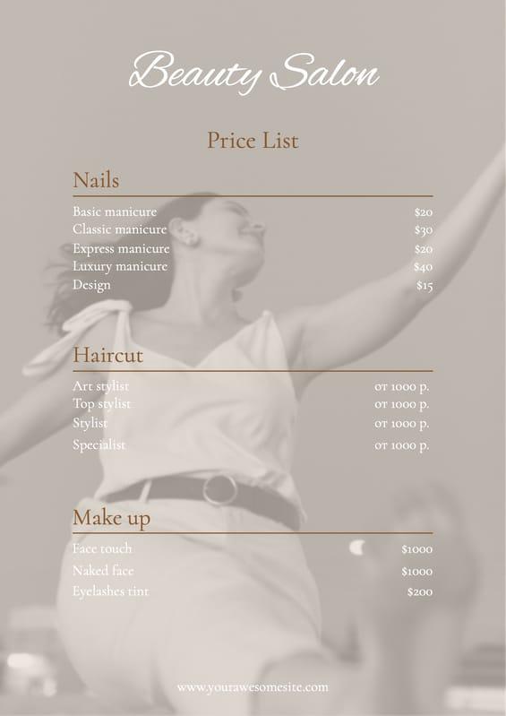 Beige Photo Woman Beauty Salon Price List Document A4