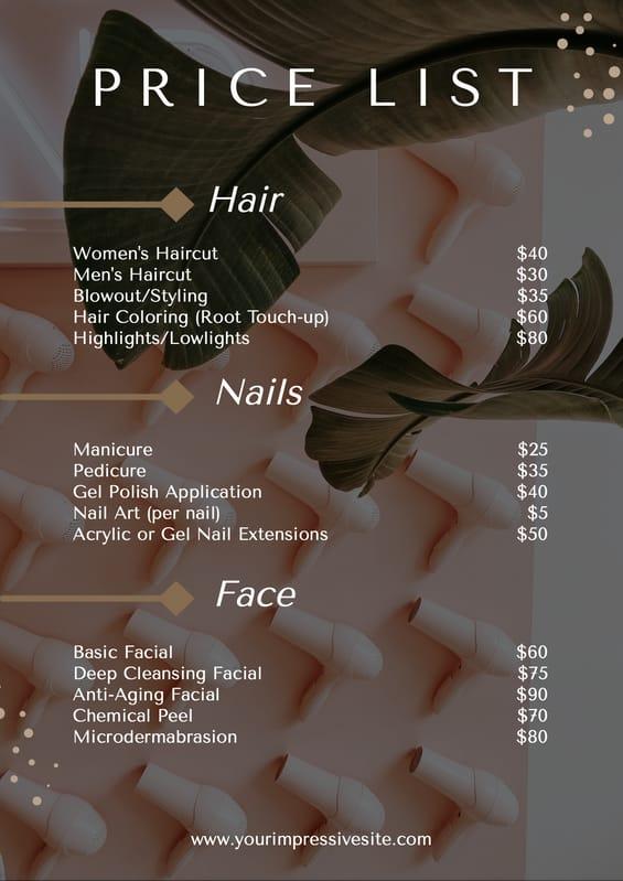 Dark Photo Beauty Salon Price List
