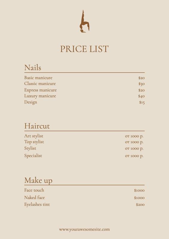 Beige Elegant Beauty Price List Document A4