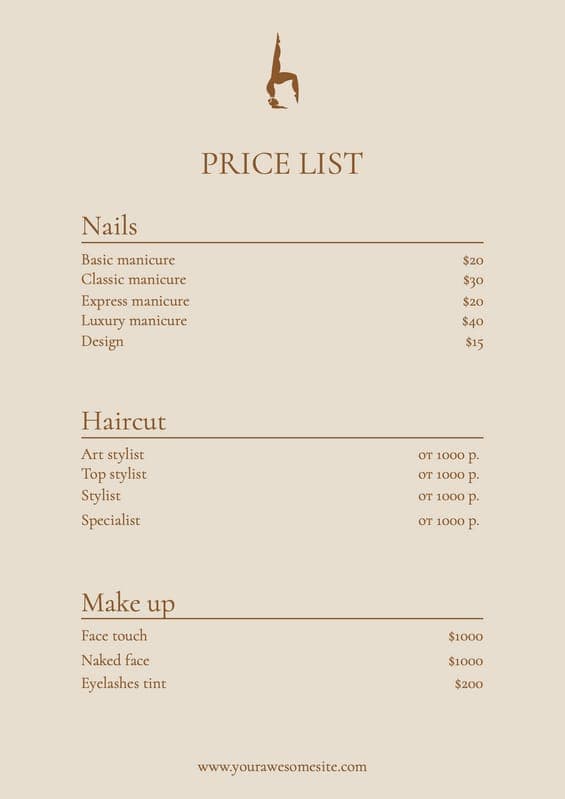 Beige Elegant Beauty Price List Document A4